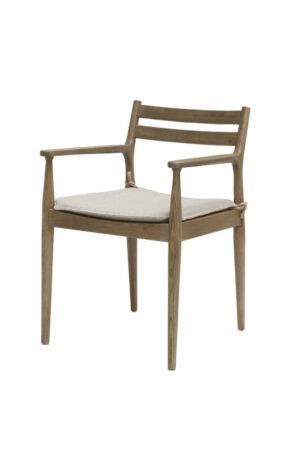 Marlow oak dining chair with arms, warm oak-coloured wooden frame, slatted backrest, and light grey upholstered seat cushion on a white background.