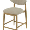 Arden light grey upholstered counterstool with a natural wooden frame, padded seat, rounded backrest, and built-in footrest.