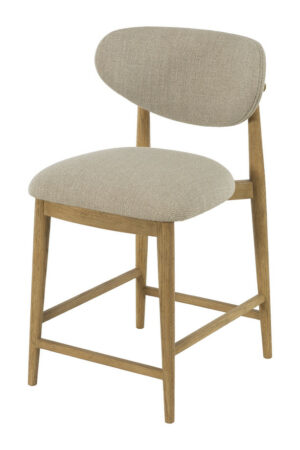 Arden light grey upholstered counterstool with a natural wooden frame, padded seat, rounded backrest, and built-in footrest.