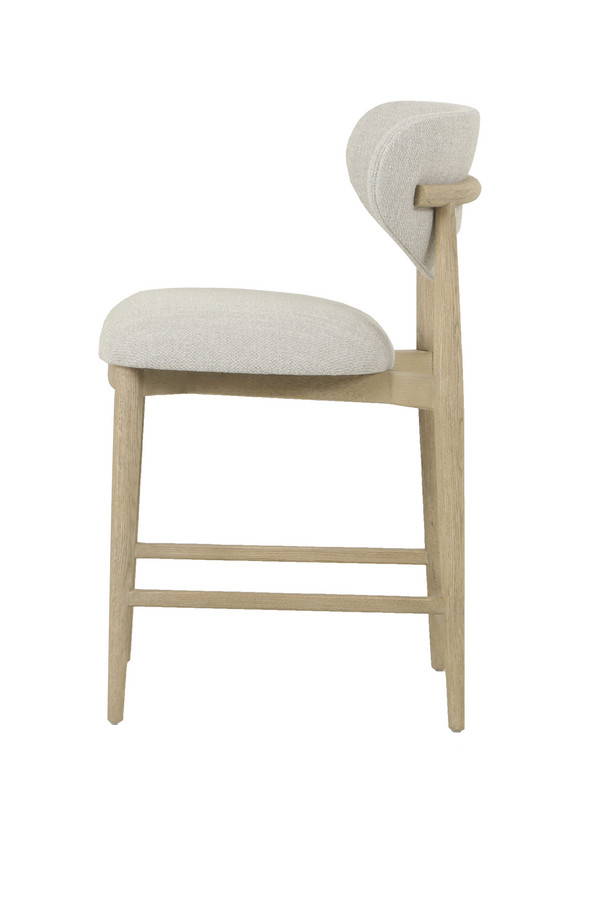 Arden light grey upholstered counterstool with a natural wooden frame, padded seat, rounded backrest, and built-in footrest.