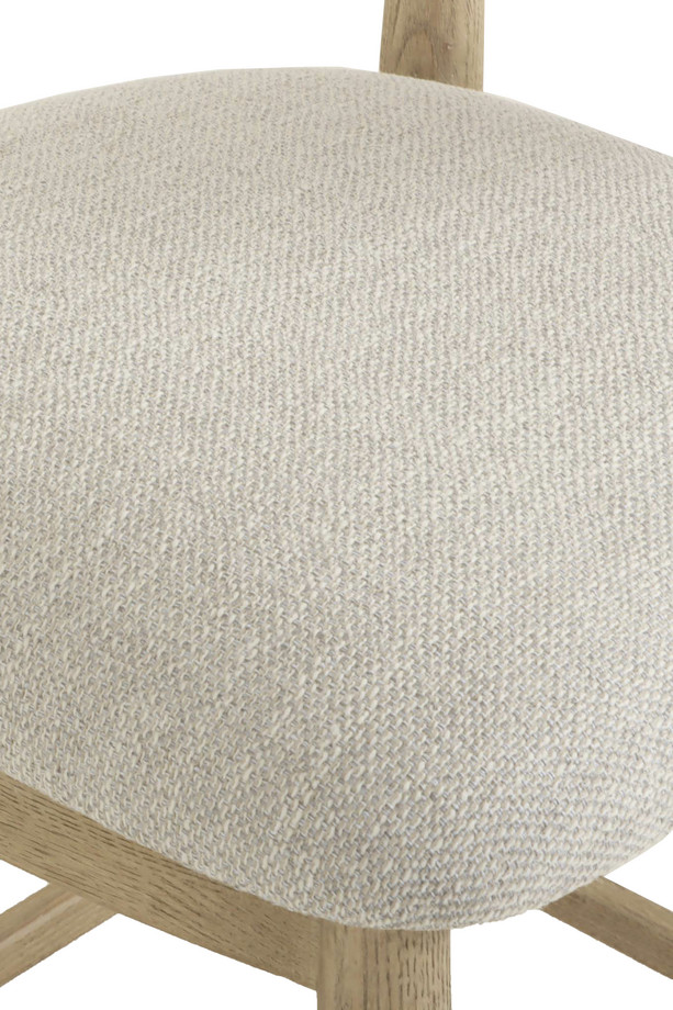Arden light grey upholstered counterstool with a natural wooden frame, padded seat, rounded backrest, and built-in footrest.