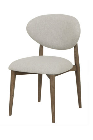 Oslo light grey upholstered dining chair with warm oak-coloured wooden frame, padded seat, and rounded backrest on a white background.