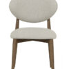 Oslo light grey upholstered dining chair with warm oak-coloured wooden frame, padded seat, and rounded backrest on a white background.
