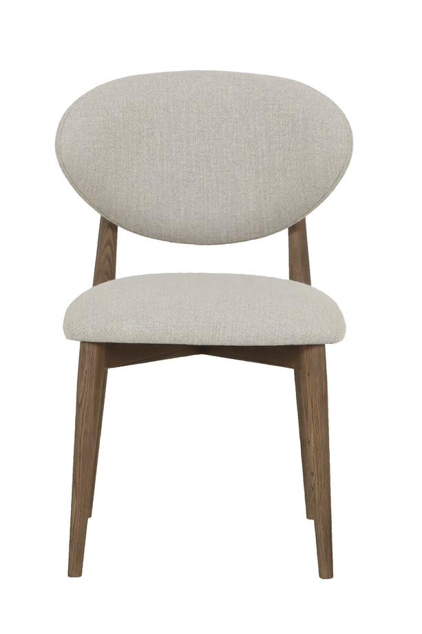 Oslo light grey upholstered dining chair with warm oak-coloured wooden frame, padded seat, and rounded backrest on a white background.