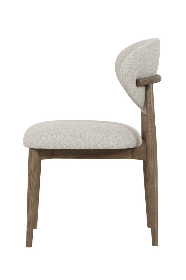Oslo light grey upholstered dining chair with warm oak-coloured wooden frame, padded seat, and rounded backrest on a white background.