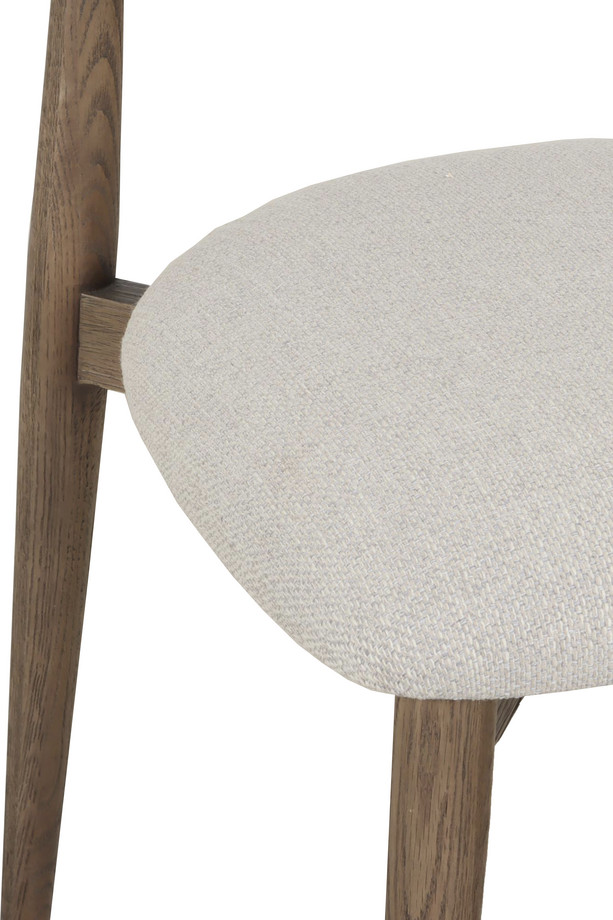 Oslo light grey upholstered dining chair with warm oak-coloured wooden frame, padded seat, and rounded backrest on a white background.
