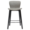 paragon-counter-stool-pebble-earth-fabric-black-stained-ash-legs-front Paragon counter stool upholstered in Pebble Earth fabric with black-stained ash wood legs, featuring a curved seat and backrest for modern kitchen islands and breakfast bars.
