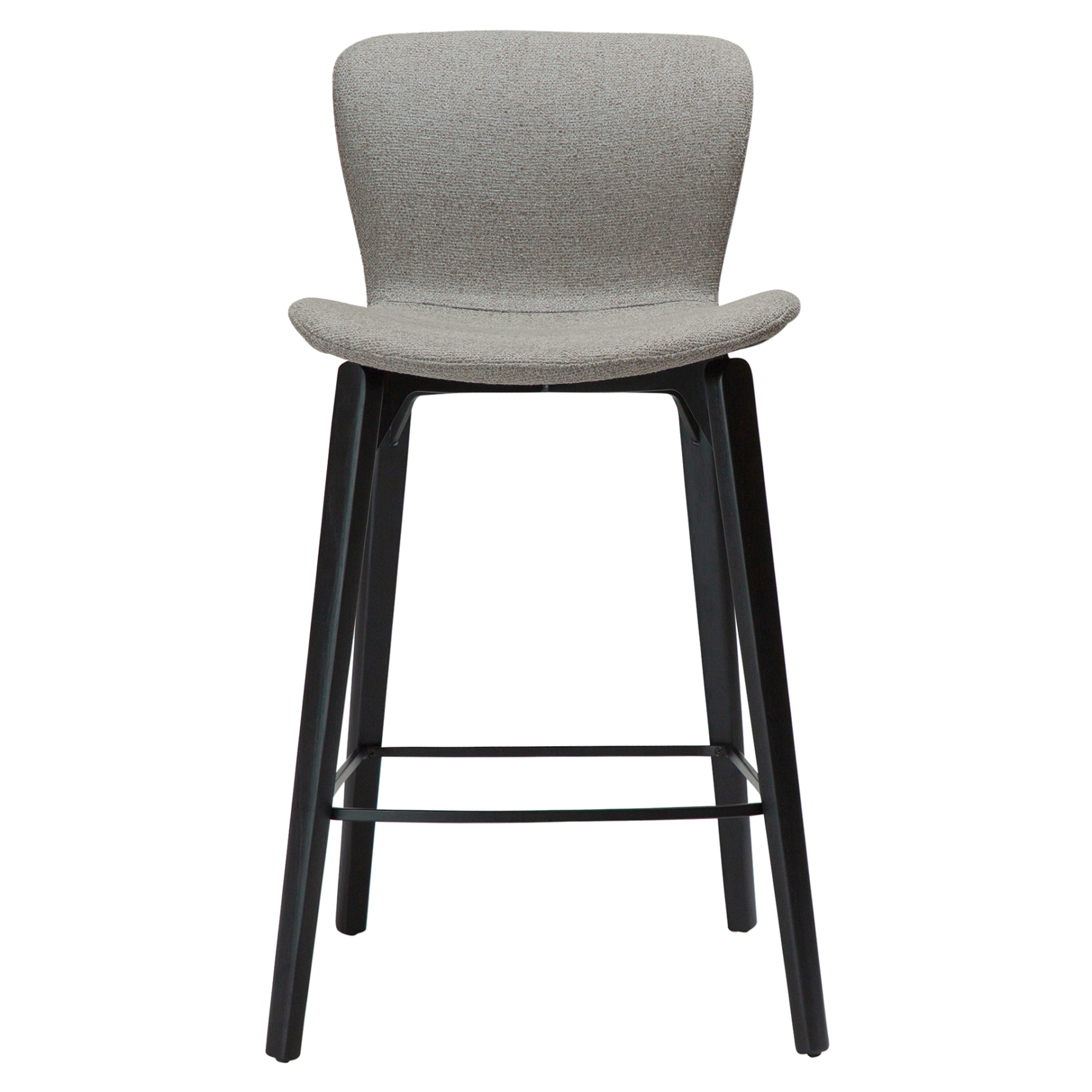 paragon-counter-stool-pebble-earth-fabric-black-stained-ash-legs-front Paragon counter stool upholstered in Pebble Earth fabric with black-stained ash wood legs, featuring a curved seat and backrest for modern kitchen islands and breakfast bars.
