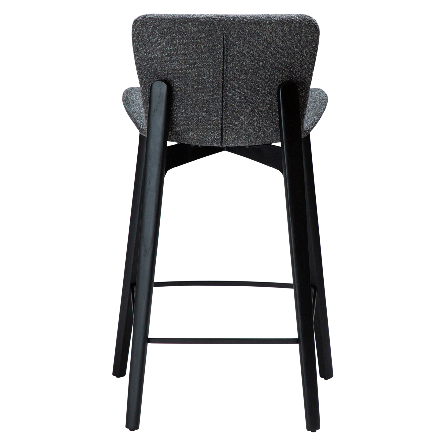 paragon-counter-stool-pebble-grey-fabric-black-stained-ash-legs-back Paragon counter stool upholstered in Pebble Grey fabric with black-stained ash wood legs, featuring a curved seat and backrest for modern kitchen islands and breakfast bars.