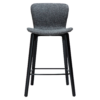 paragon-counter-stool-pebble-grey-fabric-black-stained-ash-legs-front Paragon counter stool upholstered in Pebble Grey fabric with black-stained ash wood legs, featuring a curved seat and backrest for modern kitchen islands and breakfast bars.