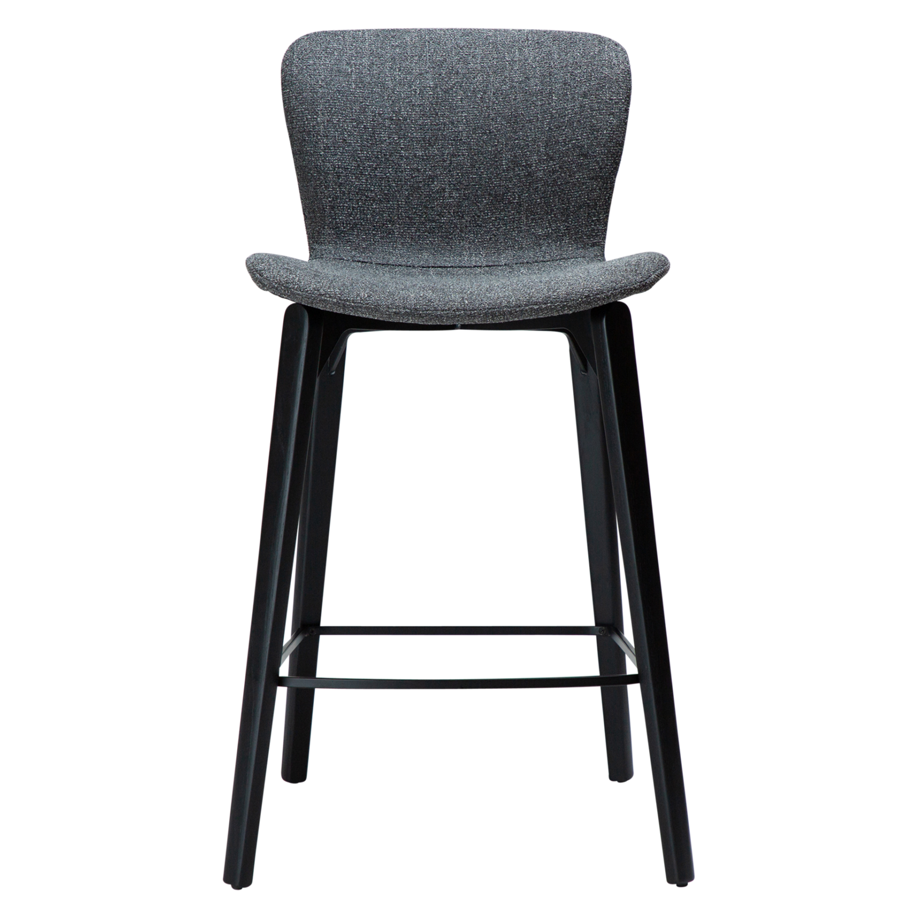 paragon-counter-stool-pebble-grey-fabric-black-stained-ash-legs-front Paragon counter stool upholstered in Pebble Grey fabric with black-stained ash wood legs, featuring a curved seat and backrest for modern kitchen islands and breakfast bars.
