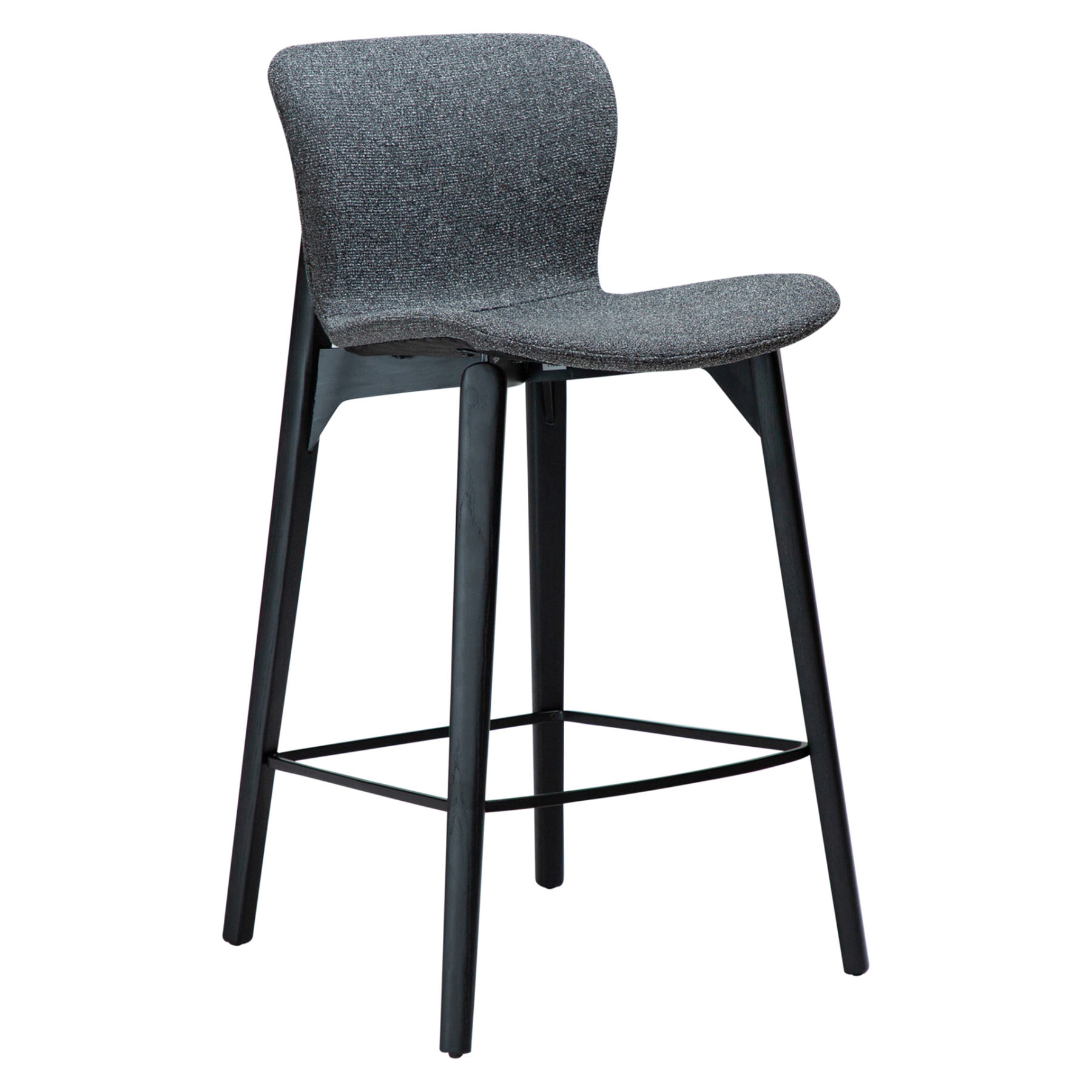 paragon-counter-stool-pebble-grey-fabric-black-stained-ash-legs Paragon counter stool upholstered in Pebble Grey fabric with black-stained ash wood legs, featuring a curved seat and backrest for modern kitchen islands and breakfast bars.
