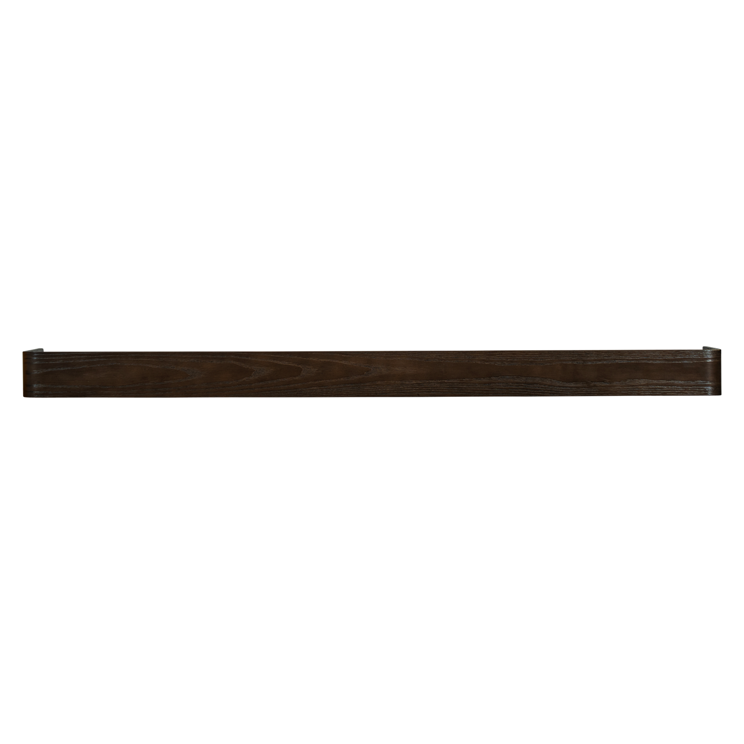 proptopia-shelf-mocca-stained-ash-veneer-120cm-front Proptopia Shelf in mocca stained ash veneer measuring 120cm wide, featuring a slim profile and curved ends, ideal for displaying books, artwork, photographs, and decorative accessories in contemporary interiors.