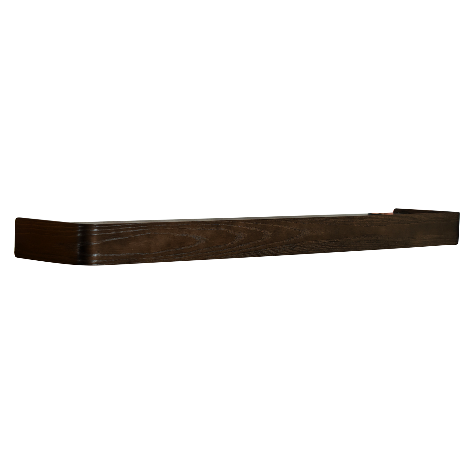 proptopia-shelf-mocca-stained-ash-veneer-120cm Proptopia Shelf in mocca stained ash veneer measuring 120cm wide, featuring a slim profile and curved ends, ideal for displaying books, artwork, photographs, and decorative accessories in contemporary interiors.
