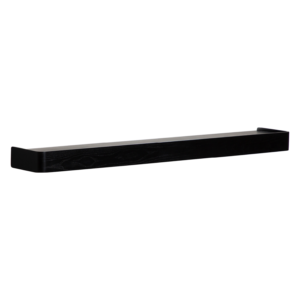 Protopia wall shelf in black stained ash veneer with a slim profile and curved ends, ideal for displaying books, artwork, photographs, and decorative accessories in modern interiors.