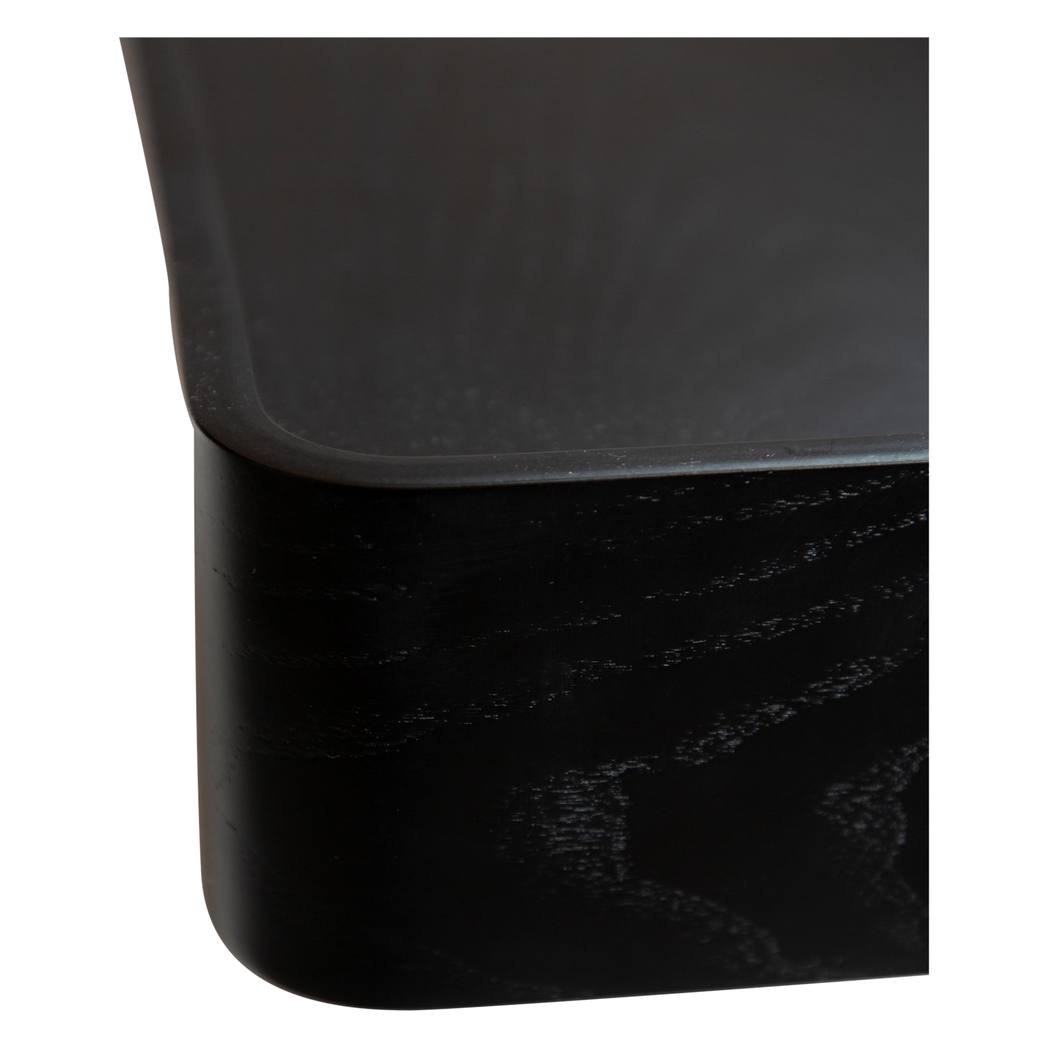 Protopia wall shelf in black stained ash veneer with a slim profile and curved ends, ideal for displaying books, artwork, photographs, and decorative accessories in modern interiors.