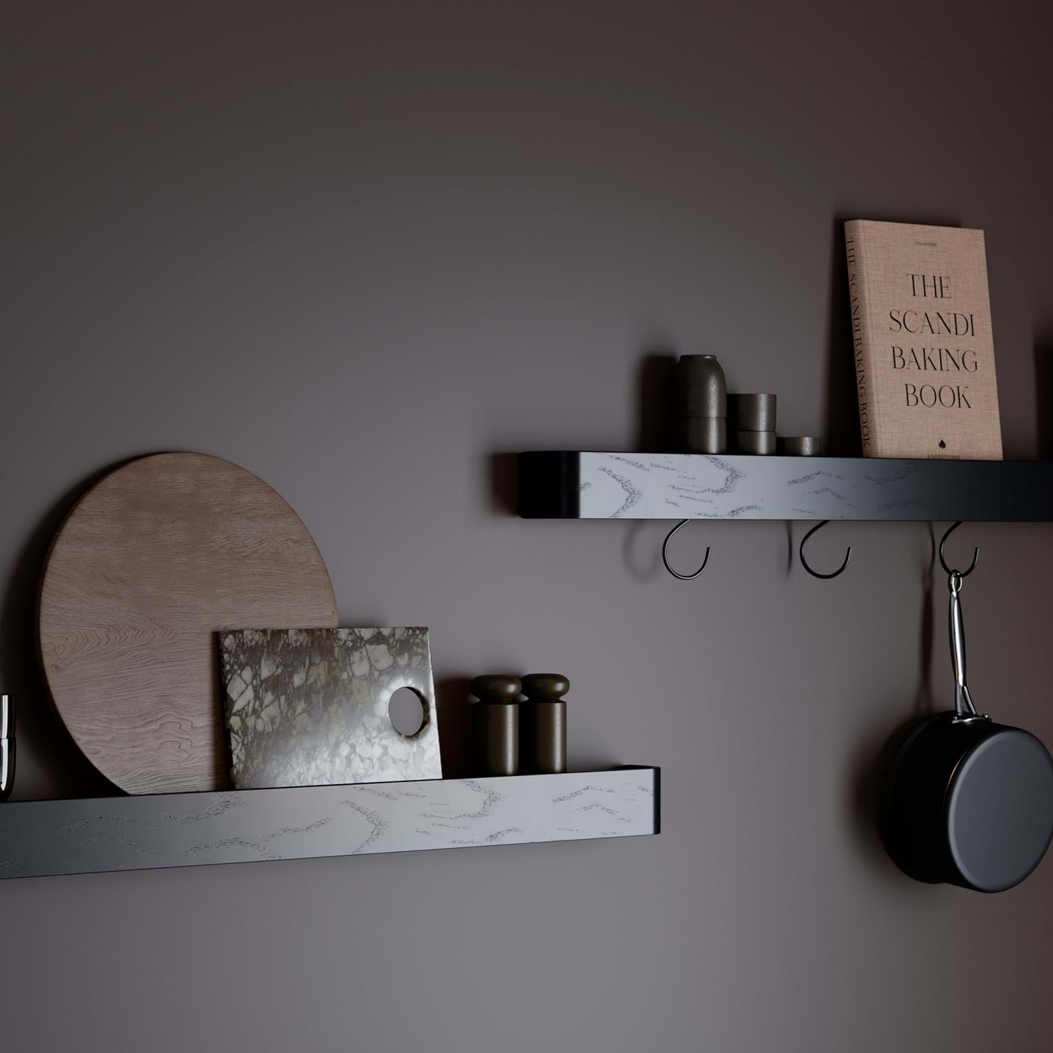 Protopia wall shelf in black stained ash veneer with a slim profile and curved ends, ideal for displaying books, artwork, photographs, and decorative accessories in modern interiors.