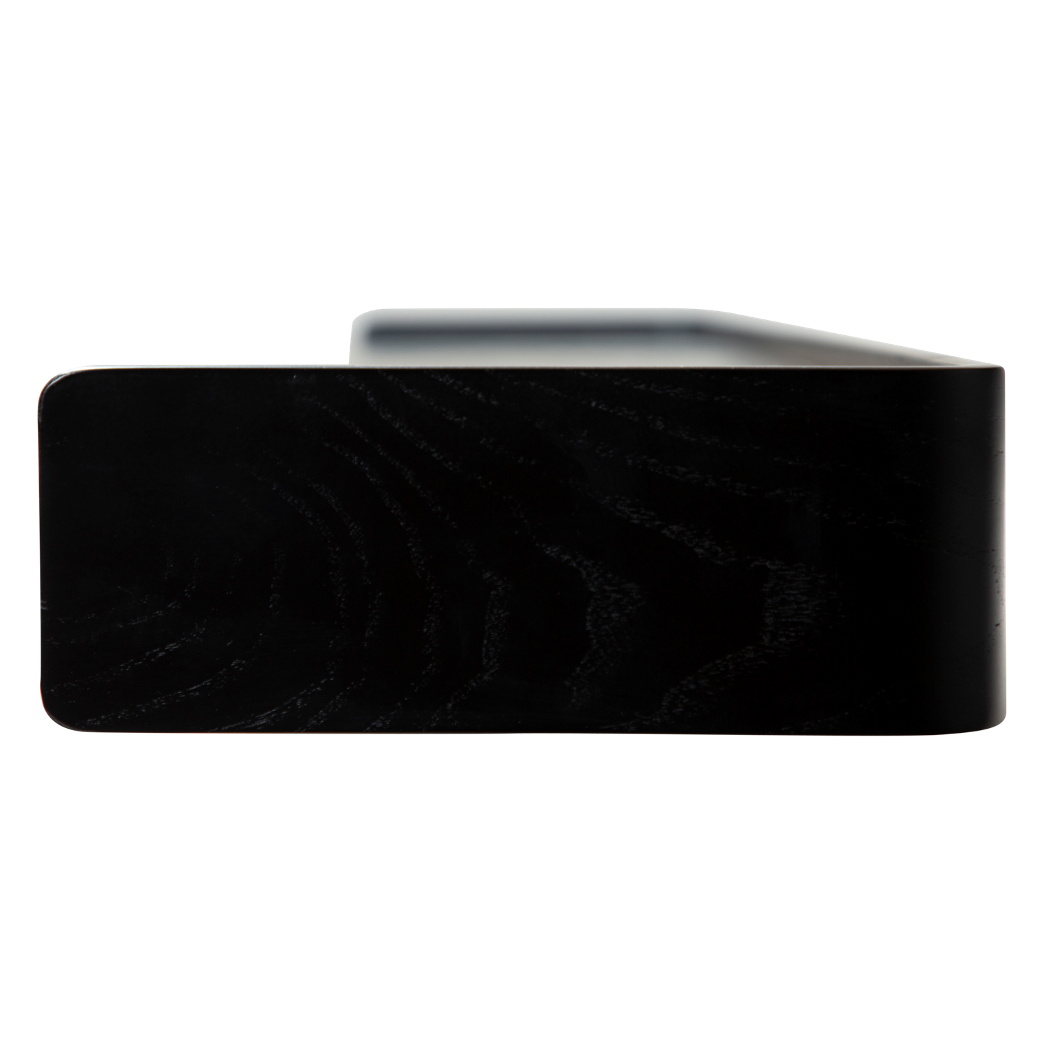 Protopia wall shelf in black stained ash veneer with a slim profile and curved ends, ideal for displaying books, artwork, photographs, and decorative accessories in modern interiors.