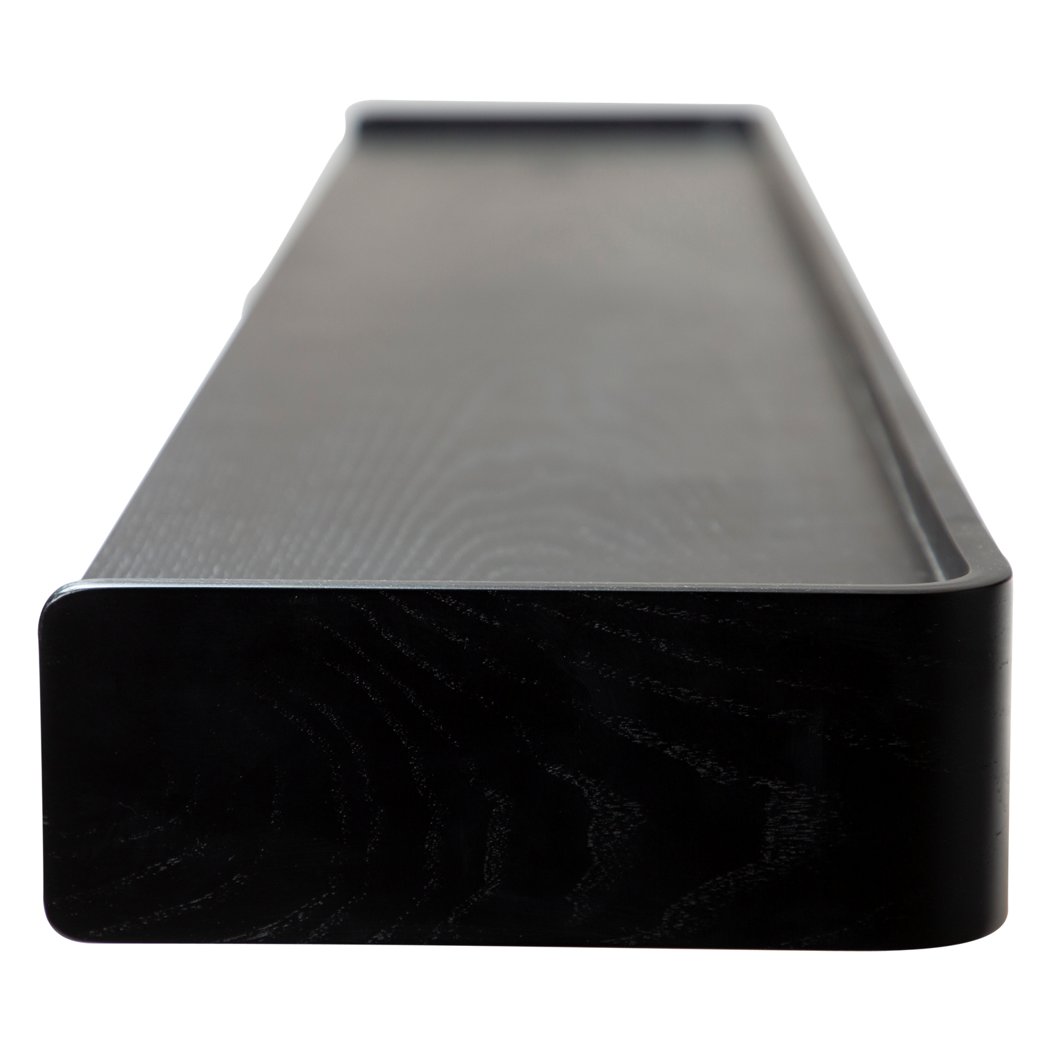 Protopia wall shelf in black stained ash veneer with a slim profile and curved ends, ideal for displaying books, artwork, photographs, and decorative accessories in modern interiors.