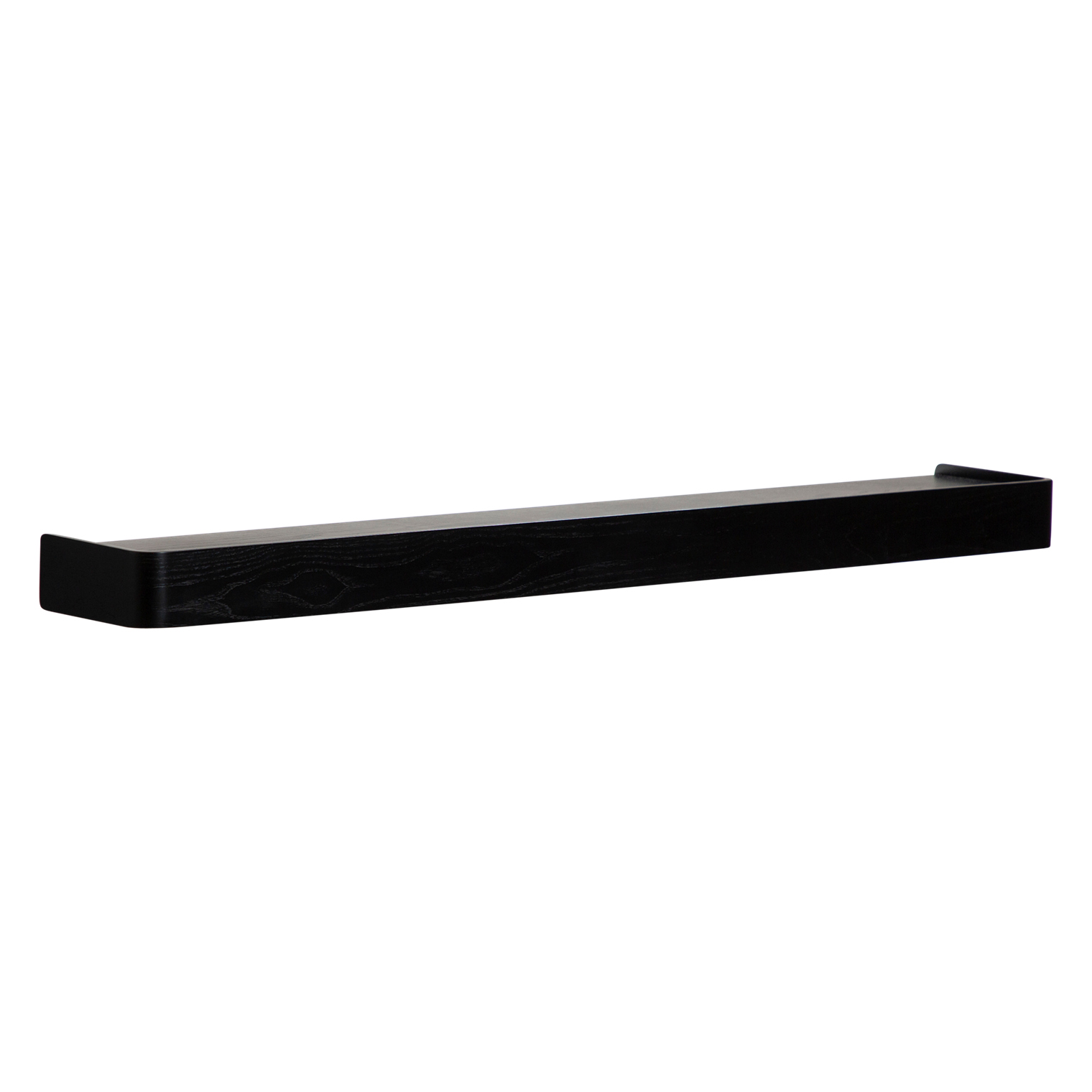 Protopia wall shelf in black stained ash veneer with a slim profile and curved ends, ideal for displaying books, artwork, photographs, and decorative accessories in modern interiors.