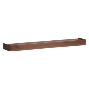 Protopia wall shelf in walnut veneer with a slim profile and curved ends, ideal for displaying artwork, books, photographs, and decorative accessories.