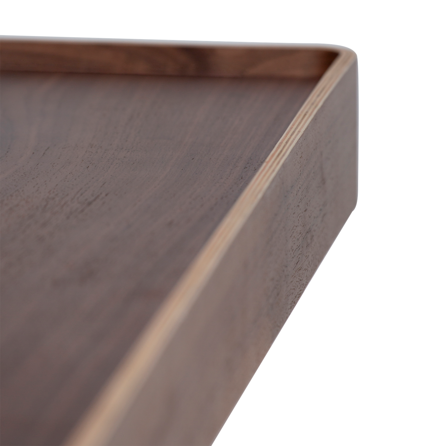 Protopia wall shelf in walnut veneer with a slim profile and curved ends, ideal for displaying artwork, books, photographs, and decorative accessories.