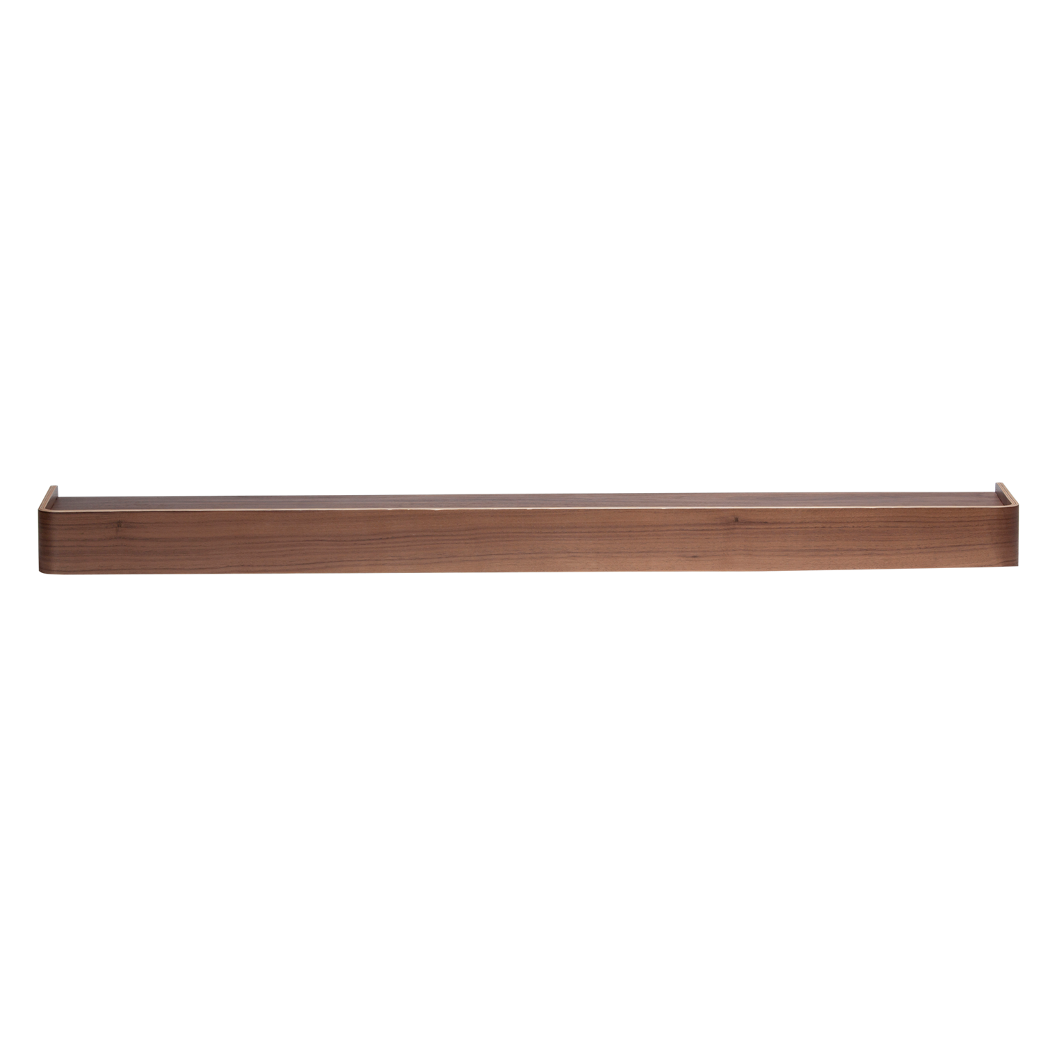 Protopia wall shelf in walnut veneer with a slim profile and curved ends, ideal for displaying artwork, books, photographs, and decorative accessories.