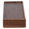 Protopia wall shelf in walnut veneer with a slim profile and curved ends, ideal for displaying artwork, books, photographs, and decorative accessories.
