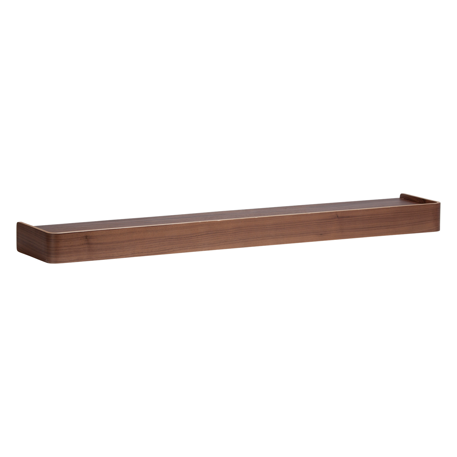 Protopia wall shelf in walnut veneer with a slim profile and curved ends, ideal for displaying artwork, books, photographs, and decorative accessories.