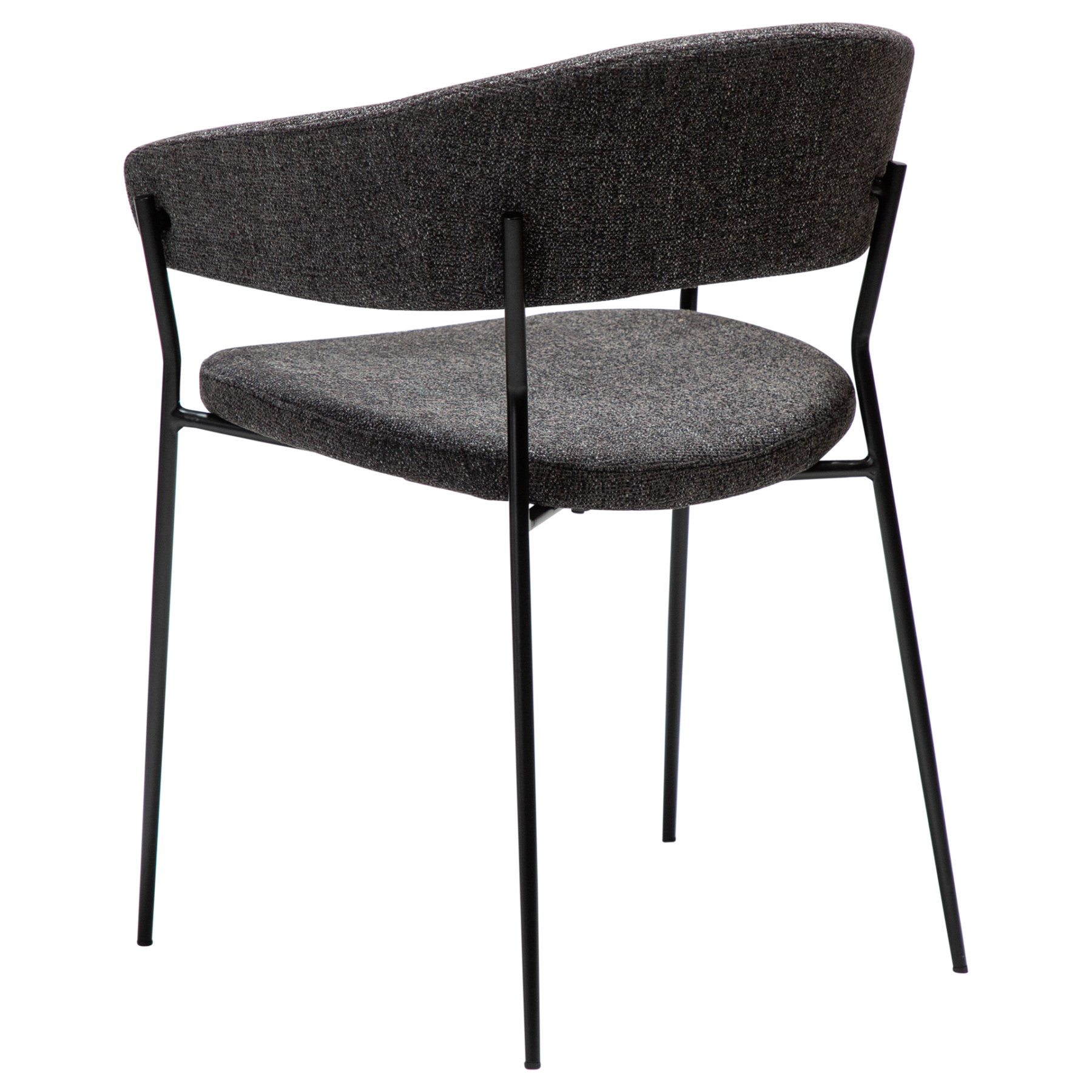 reboot-armchair-raven-black-angle Reboot armchair upholstered in Raven Black fabric with a modern curved silhouette and upholstered frame.