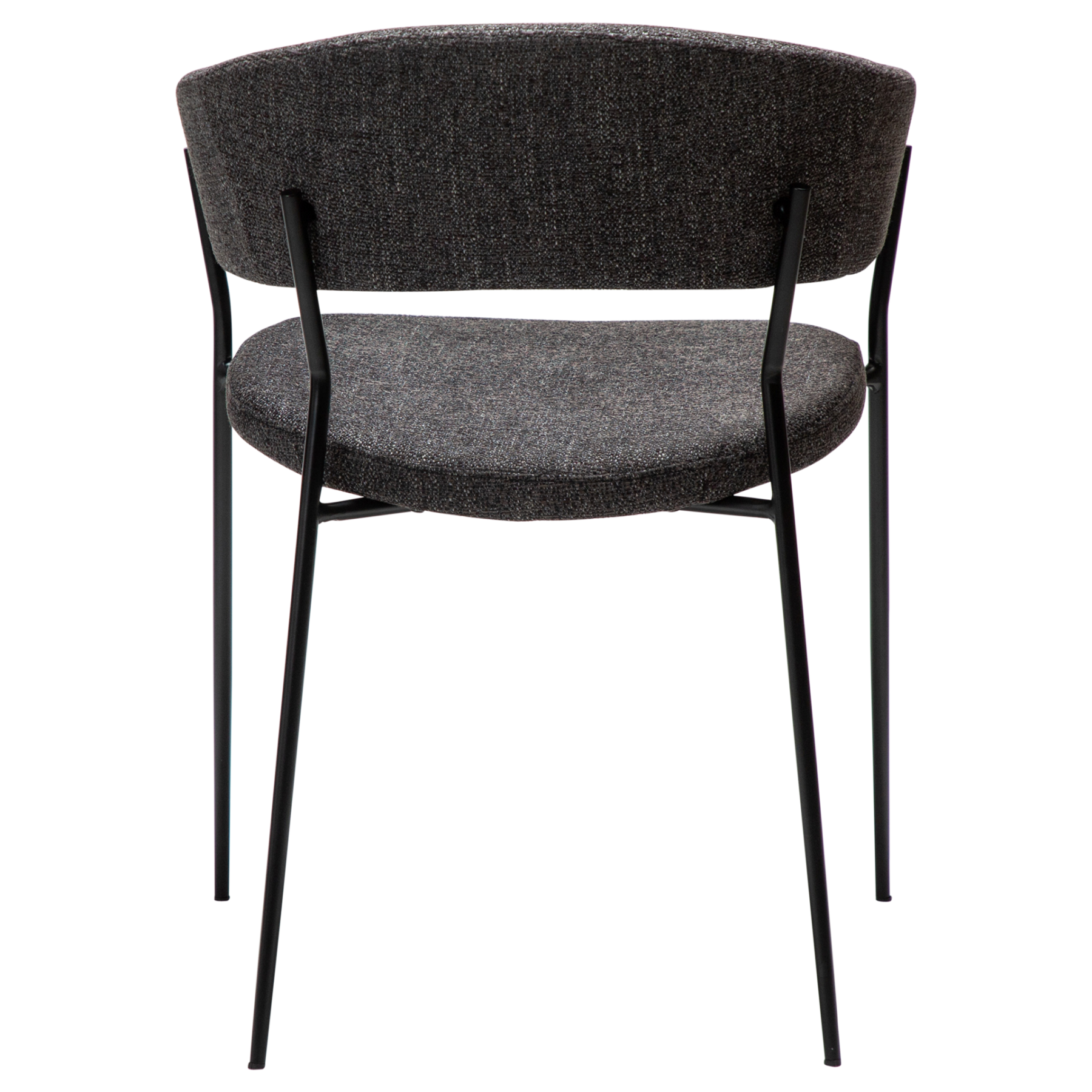 reboot-armchair-raven-black-back Reboot armchair upholstered in Raven Black fabric with a modern curved silhouette and upholstered frame.