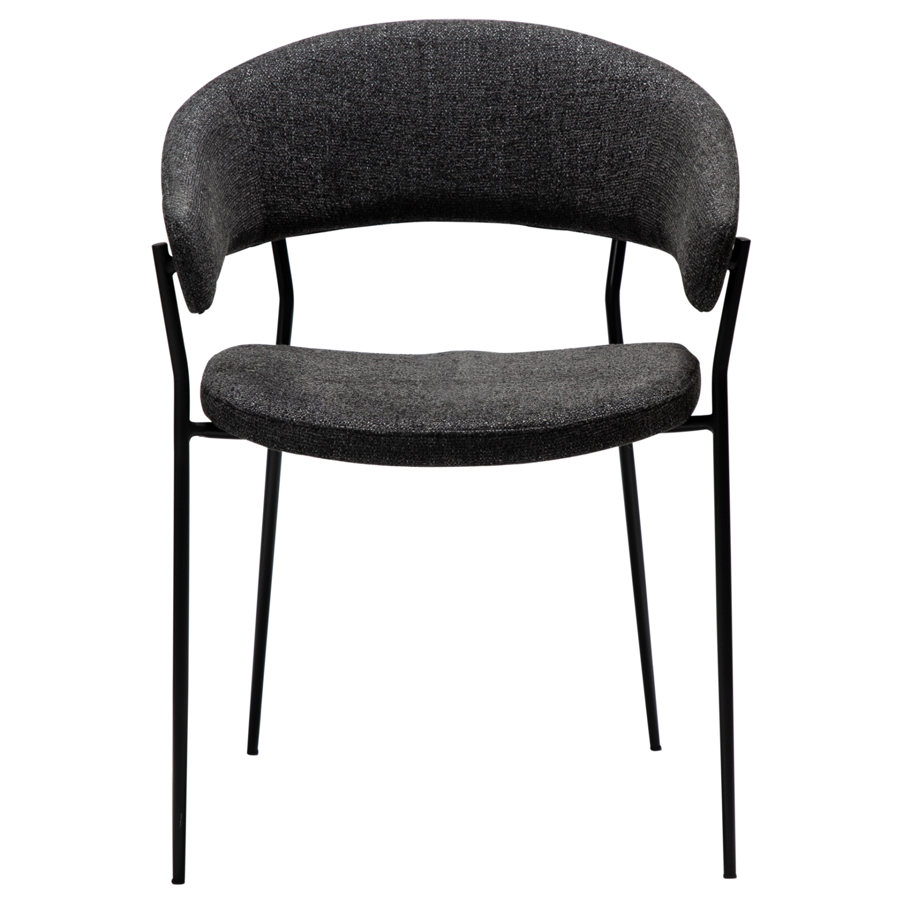 reboot-armchair-raven-black-front Reboot armchair upholstered in Raven Black fabric with a modern curved silhouette and upholstered frame.