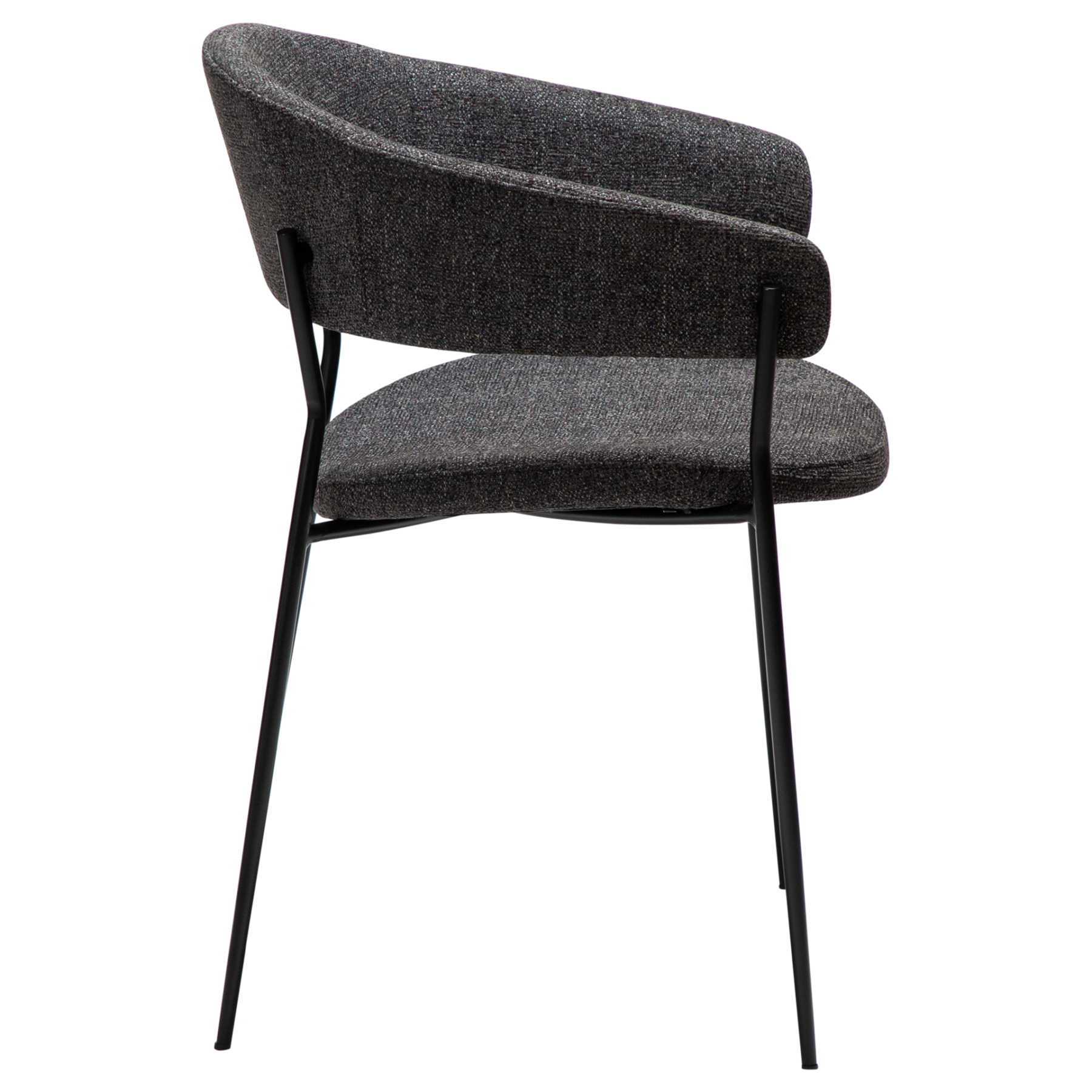 reboot-armchair-raven-black-side Reboot armchair upholstered in Raven Black fabric with a modern curved silhouette and upholstered frame.