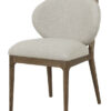 Riguel light grey upholstered dining chair with a walnut oak-coloured wooden frame, padded seat, rounded backrest, and anti-stain fabric on a white background.