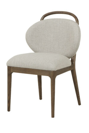 Riguel light grey upholstered dining chair with a walnut oak-coloured wooden frame, padded seat, rounded backrest, and anti-stain fabric on a white background.