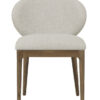 Riguel light grey upholstered dining chair with a walnut oak-coloured wooden frame, padded seat, rounded backrest, and anti-stain fabric on a white background.