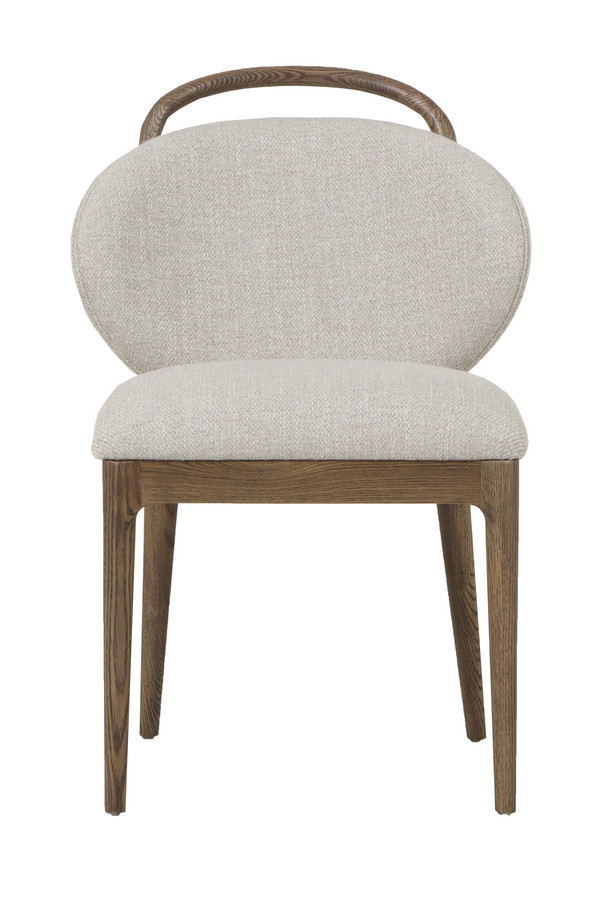 Riguel light grey upholstered dining chair with a walnut oak-coloured wooden frame, padded seat, rounded backrest, and anti-stain fabric on a white background.