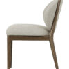 Riguel light grey upholstered dining chair with a walnut oak-coloured wooden frame, padded seat, rounded backrest, and anti-stain fabric on a white background.