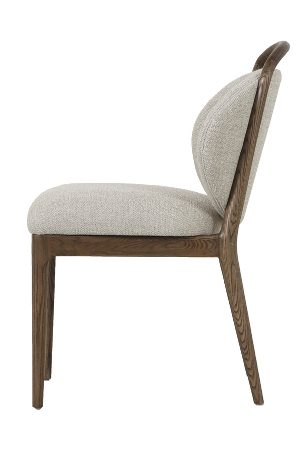 Riguel light grey upholstered dining chair with a walnut oak-coloured wooden frame, padded seat, rounded backrest, and anti-stain fabric on a white background.