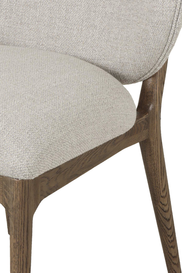 Riguel light grey upholstered dining chair with a walnut oak-coloured wooden frame, padded seat, rounded backrest, and anti-stain fabric on a white background.