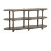 rowan-oak-console-display-shelf-180cm Rowan oak console and display shelf with three open tiers, rounded edges, and a warm wood finish. Ideal for displaying books, decorative accessories, and home décor in living rooms and hallways.
