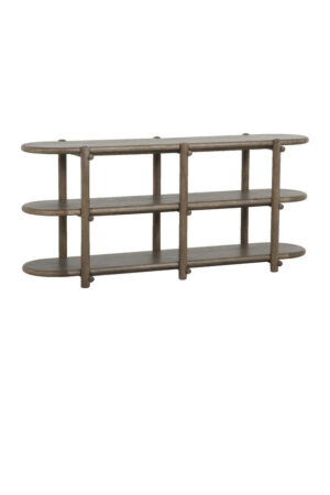 Rowan oak console and display shelf with three open tiers, rounded edges, and a warm wood finish. Ideal for displaying books, decorative accessories, and home décor in living rooms and hallways.