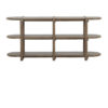 rowan-oak-console-display-shelf-180cm-side Rowan oak console and display shelf with three open tiers, rounded edges, and a warm wood finish. Ideal for displaying books, decorative accessories, and home décor in living rooms and hallways.