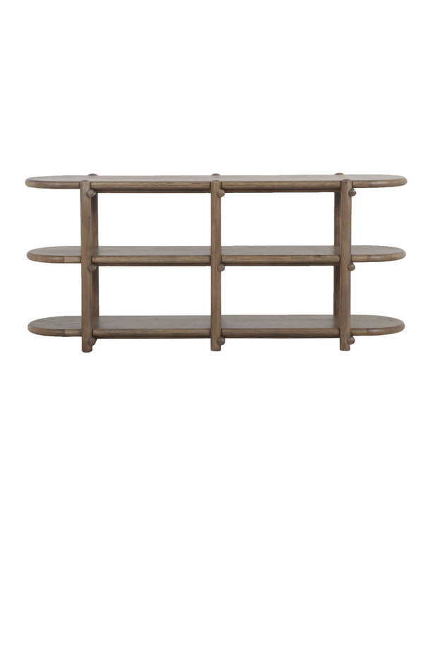 rowan-oak-console-display-shelf-180cm-side Rowan oak console and display shelf with three open tiers, rounded edges, and a warm wood finish. Ideal for displaying books, decorative accessories, and home décor in living rooms and hallways.