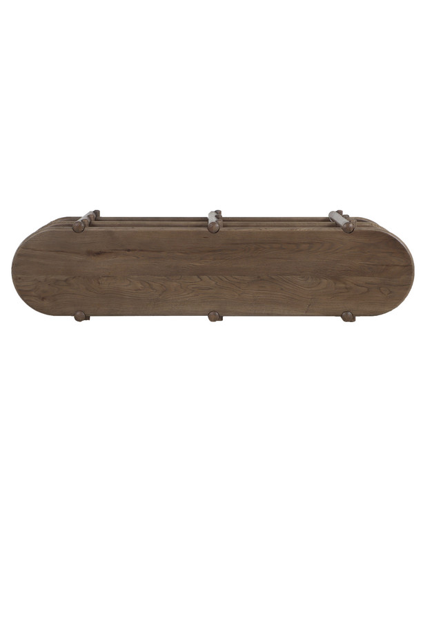 rowan-oak-console-display-shelf-180cm-top Rowan oak console and display shelf with three open tiers, rounded edges, and a warm wood finish. Ideal for displaying books, decorative accessories, and home décor in living rooms and hallways.