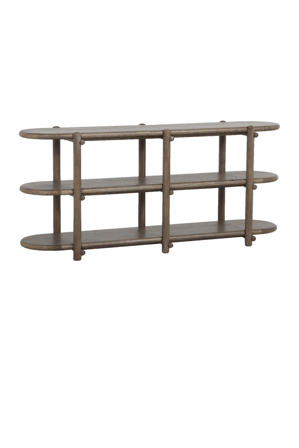 rowan-oak-console-display-shelf-180cm Rowan oak console and display shelf with three open tiers, rounded edges, and a warm wood finish. Ideal for displaying books, decorative accessories, and home décor in living rooms and hallways.
