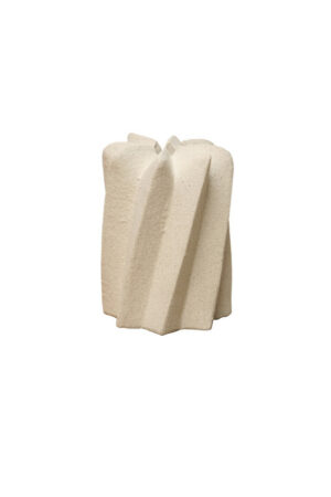 Sculptura white ceramic vase with folded sculptural detailing and textured finish, ideal for modern shelves, consoles, and decorative styling.