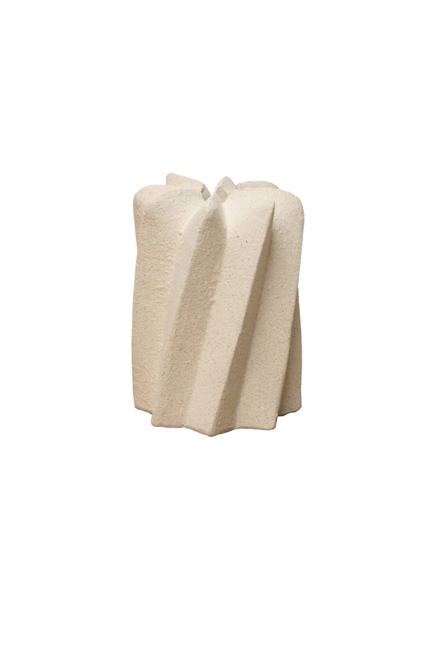 Sculptura white ceramic vase with folded sculptural detailing and textured finish, ideal for modern shelves, consoles, and decorative styling.