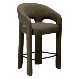 Splendor counter stool upholstered in dark olive fabric with a curved backrest, padded seat and integrated black footrest, ideal for kitchen islands and breakfast bars.