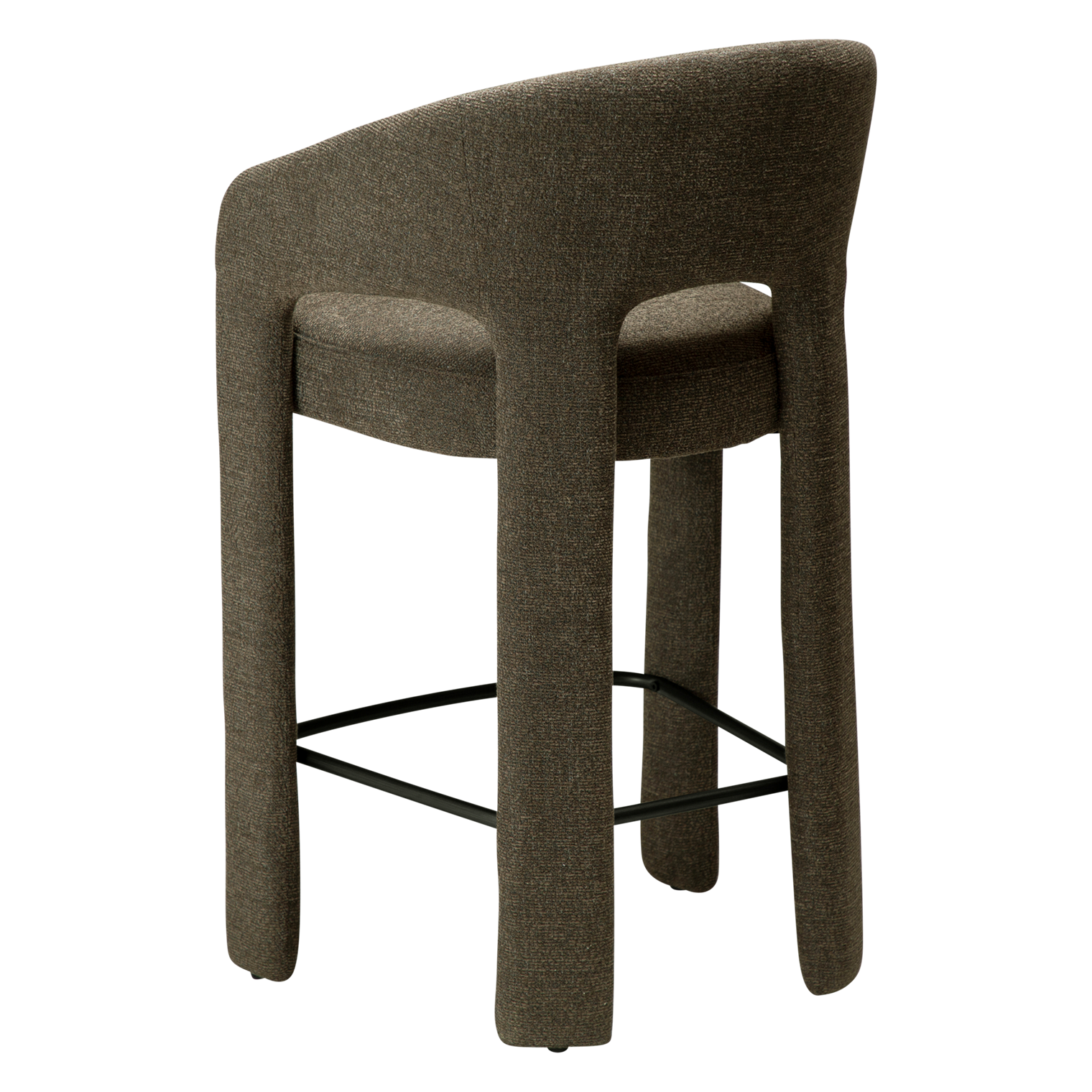 Splendor counter stool upholstered in dark olive fabric with a curved backrest, padded seat and integrated black footrest, ideal for kitchen islands and breakfast bars.